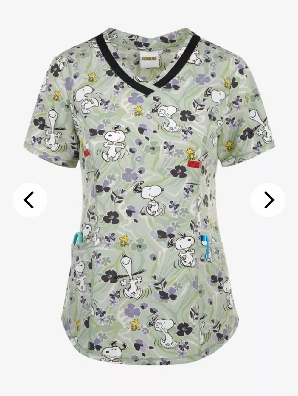 Snoopy Print V-Neck Scrub Top in Sage Green Size XL Womens - Picture 2 of 8